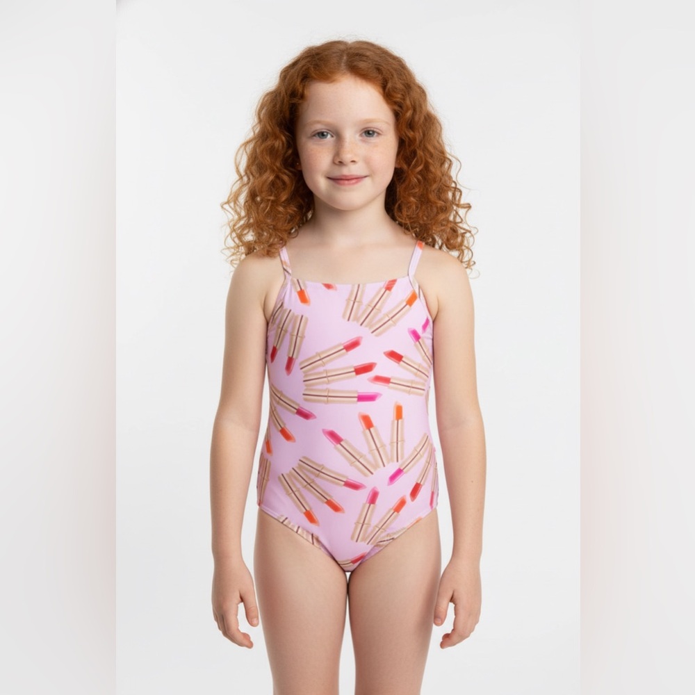 Submarine Pink Lipstick Pattern One Piece Girls Swimsuit 6 Fits 4/5‎ Yr Old NWT